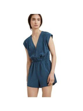 Aritzia Babaton Small 100% Silk Moody Blue Corbett Cap Sleeve Faux Wrap Romper